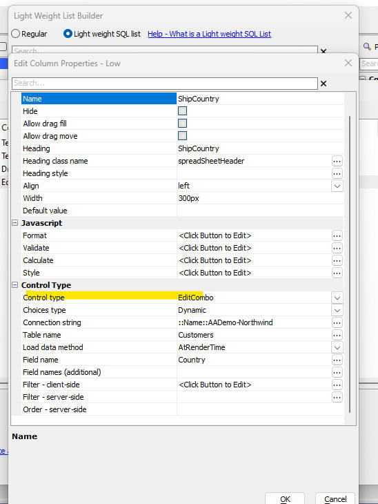 Control type options and picklist configuration